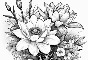 A bouquet of flowers with a water lily, gladiolus, poppy, lily of the valley, daffodil, and a honey suckle with long stems tattoo idea