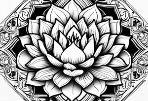 Lotus flower with fire and Aries symbol tattoo idea