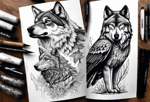 Hawk and a Wolf, Nature Scenery, and names Grayson, Bennett, Layden, Xavian, Amelia, Braxton tattoo idea