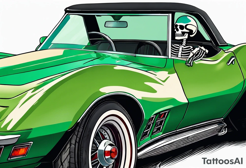 Skeleton smoking a cigarette driving a green 1976 convertible Corvette tattoo idea