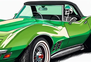 Skeleton smoking a cigarette driving a green 1976 convertible Corvette tattoo idea