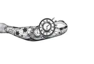 I want to create a sleeve for my left arm with elements if time and music and the dates 19.04.2019 and 28.01.2022 in Roman numerals tattoo idea