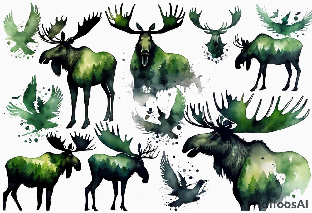 a giant mossy moose covered with shadow birds tattoo idea