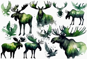 a giant mossy moose covered with shadow birds tattoo idea