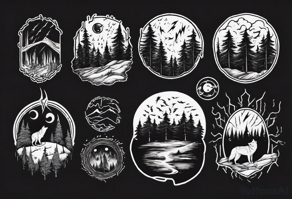 a thunder and lightning storm over a forest with a distant wolf howling and a drum circle tattoo idea a thunder and lightning storm over a forest with a distant wolf howling and a drum circle tattoo idea