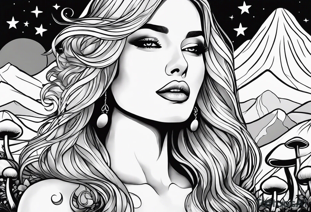 Fat older blonde woman long hair small lips surrounded by mushrooms crescent moon mountains background "GRACEFUL" tattoo idea