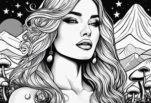 Fat older blonde woman long hair small lips surrounded by mushrooms crescent moon mountains background "GRACEFUL" tattoo idea