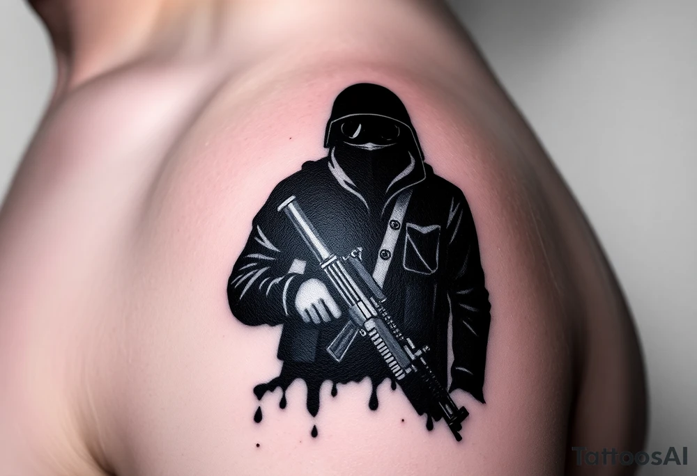 Minimalist covert operative symbolism representing loyalty and survival, faceless soldier silhouette emerging from darkness, torn fabric, subtle scars, controlled posture, black and grey realism, emotional restraint, understated strength, tattoo sleeve element. tattoo idea