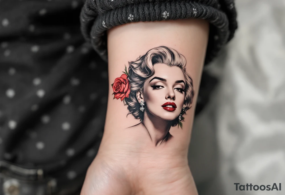 Black and grey Marilyn with a single red rose tucked behind her ear. tattoo idea