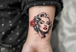 Black and grey Marilyn with a single red rose tucked behind her ear. tattoo idea