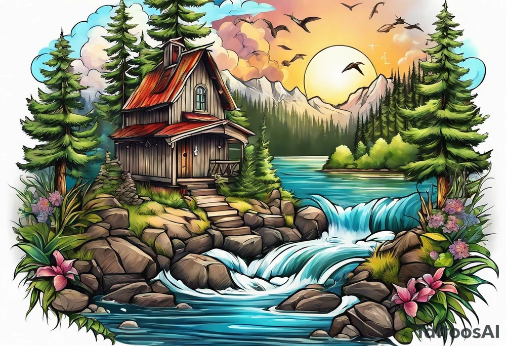 Backpacking fishing Wildlife theme and background with a Christian cross tattoo idea