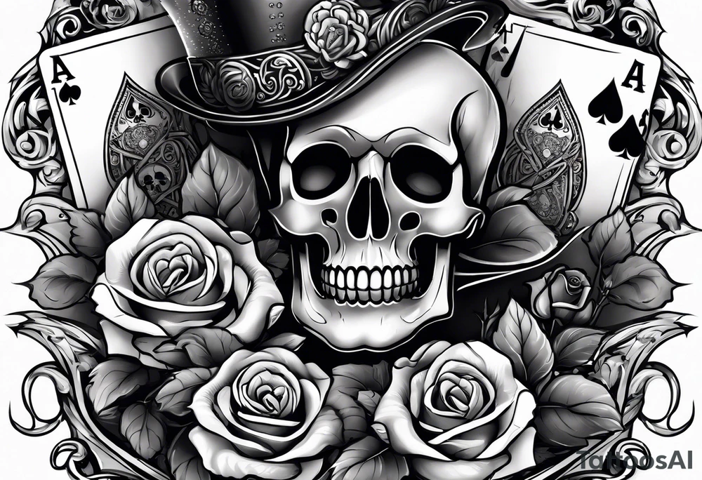 Full arm sleeve incorporating the four aces in a deck of cards, skulls, daggers, roses, thorns and the names: Ace, Willow, and Rider. Background is smoke. tattoo idea