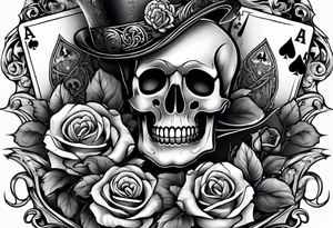 Full arm sleeve incorporating the four aces in a deck of cards, skulls, daggers, roses, thorns and the names: Ace, Willow, and Rider. Background is smoke. tattoo idea