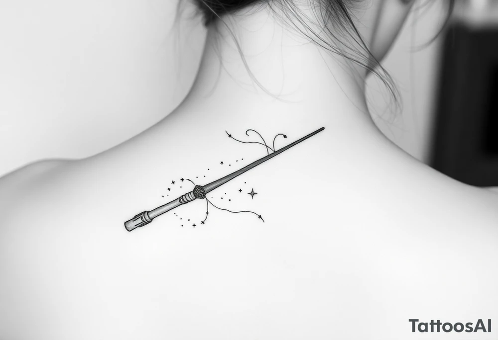 A magic wand (hermione's) with magic dust all around it and a ladybud kind of exiting the wand and somme small detail around it that would do a piggyback on harry poter like a lightning, harry's glasses, etc... tattoo idea
