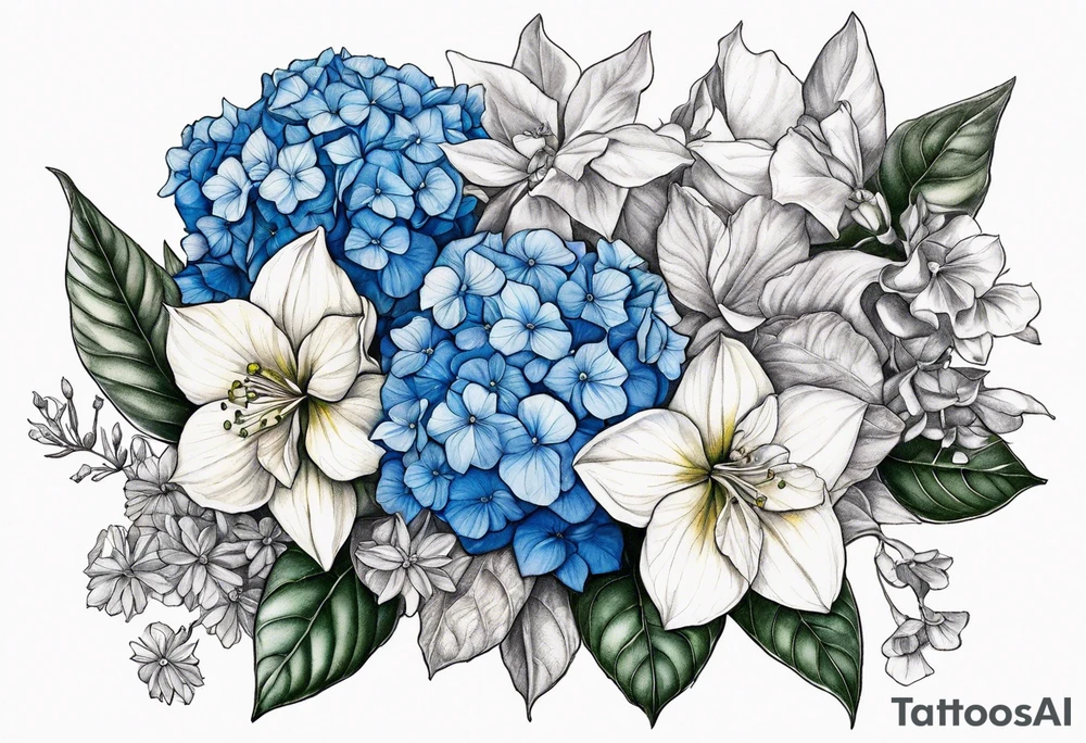 Blue Hydrangea with Narcissus, Poinsettia, Holly, Gladiolus, Poppy, Daisy, Sweet Pea floral bouquet tattoo idea
