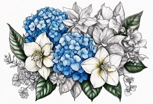 Blue Hydrangea with Narcissus, Poinsettia, Holly, Gladiolus, Poppy, Daisy, Sweet Pea floral bouquet tattoo idea