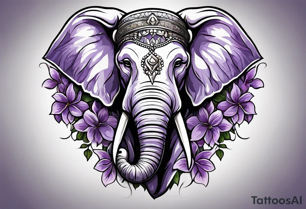 Elephant face half covered with lilacs tattoo idea
