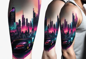 cyberpunk 2077, forearm tattoo, geometric, subtle, men, city skyline, 4k tattoo idea