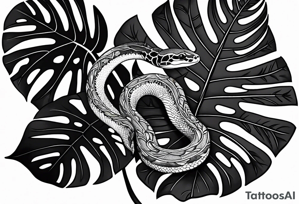 HidingLittle snake with monstera tattoo idea