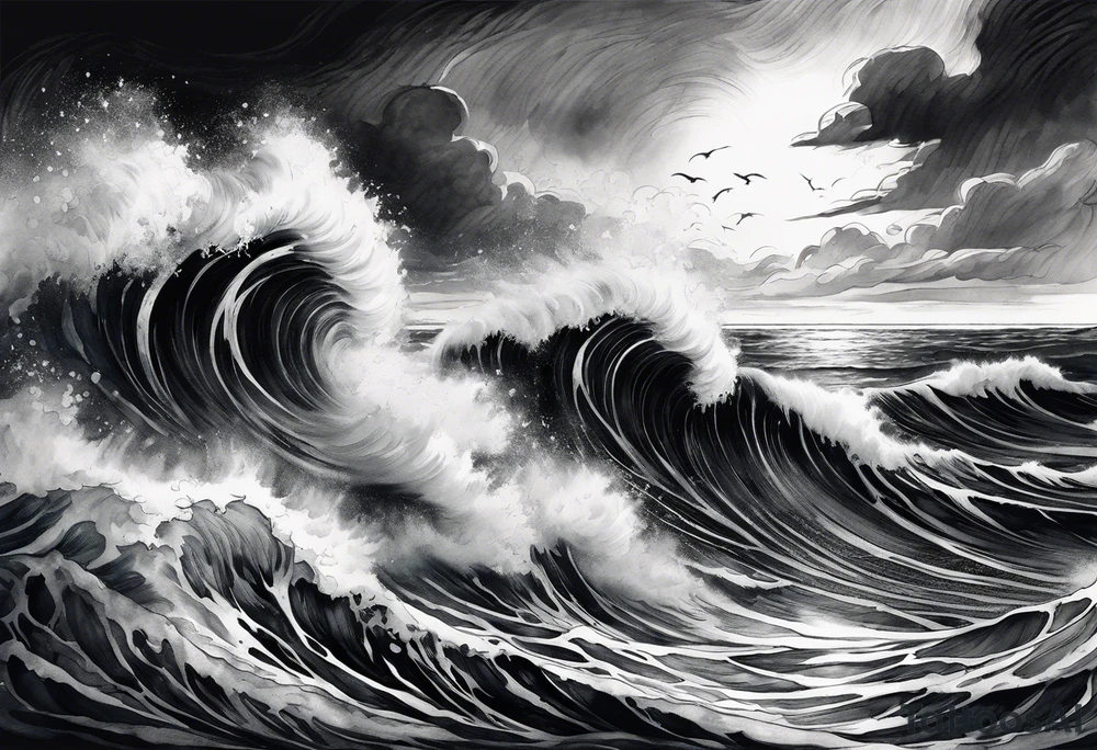 stormy sea waves, full-length woman in the middle of the storm tattoo idea