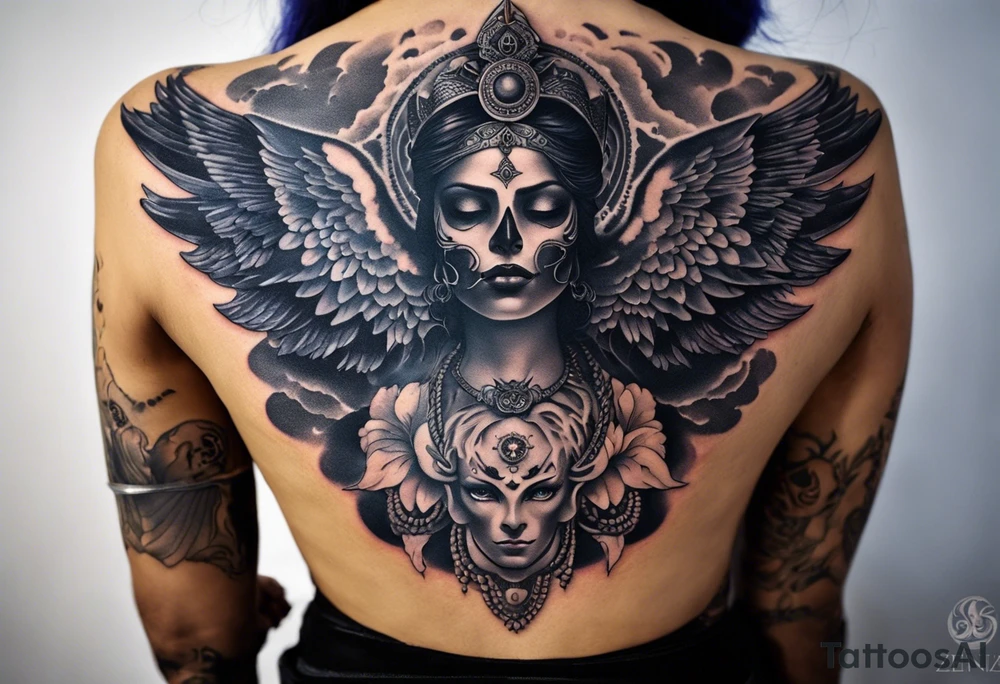 black kali, goddess pirate, alien, angel, pachamama, valkrye, warrior, flying, skull, lotus azul, wing, eagle, zenza resonance, stars, 5D, anahata chakra, death, durga, riding on a tiger, flying lady, kundalini, chest tatoo, rebel tattoo idea