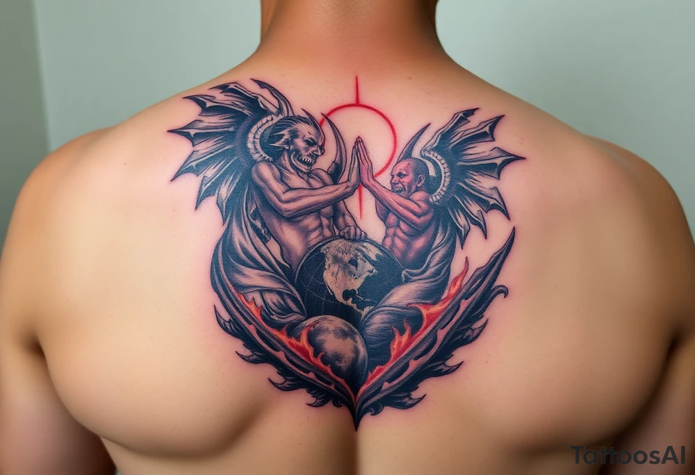Heaven and hell fighting each other on earth tattoo idea