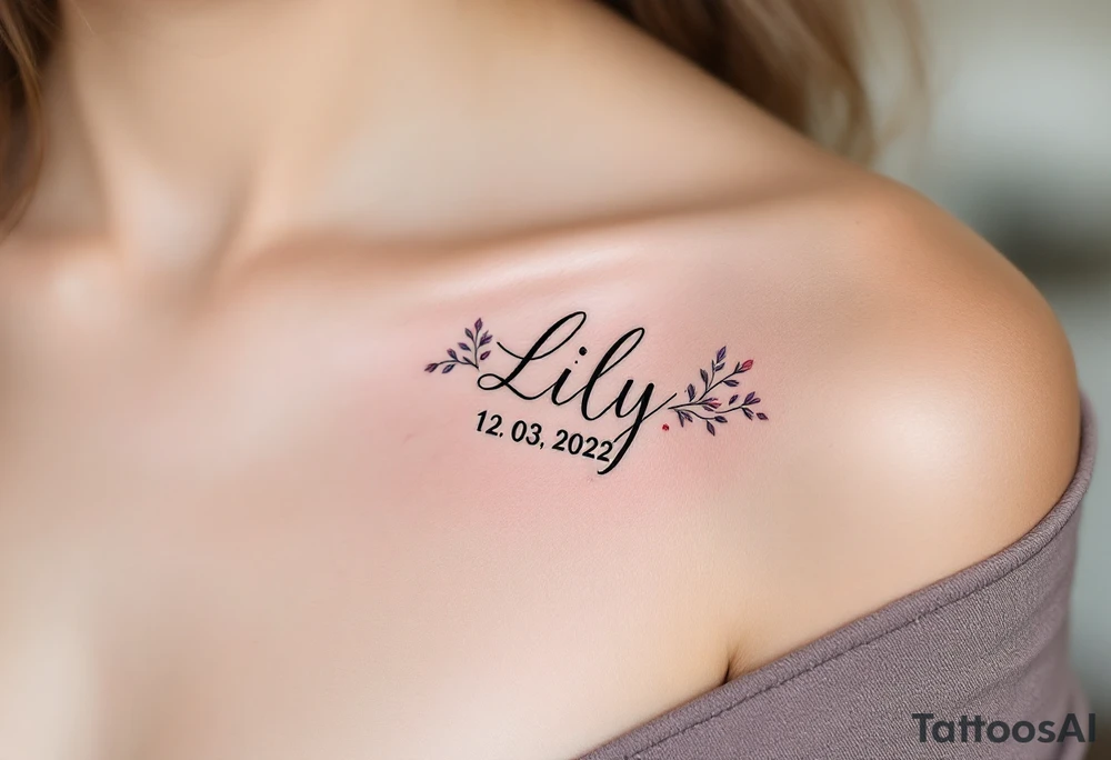 Lily 12. 03. 2022) – A delicate rose pink and lavender floral design encircles Lily's birthdate in elegant cursive, with tiny gold accents around the numbers. tattoo idea