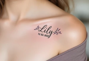 Lily 12. 03. 2022) – A delicate rose pink and lavender floral design encircles Lily's birthdate in elegant cursive, with tiny gold accents around the numbers. tattoo idea