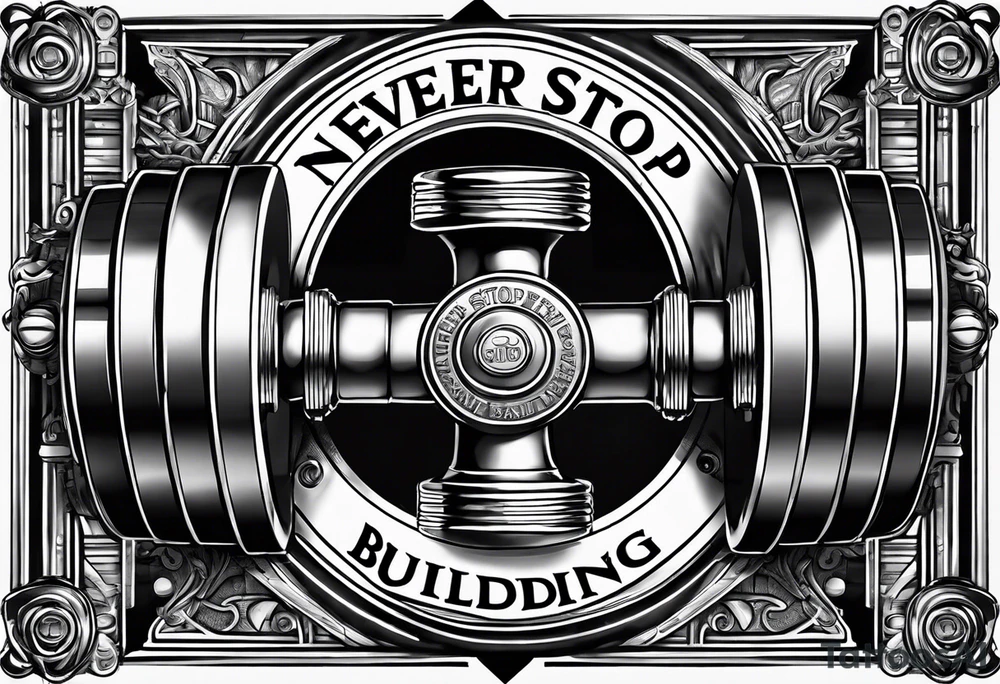 The text "Never Stop Building" with an image of a dumbell and angle brackets tattoo idea