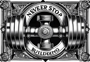 The text "Never Stop Building" with an image of a dumbell and angle brackets tattoo idea