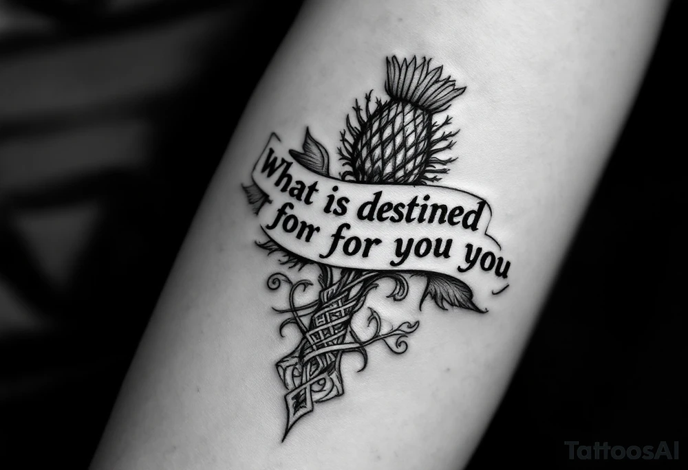 include the Scottish Gaelic translation of, "What is destined for you won't pass you by" and the Scottish thistle along with a Scottish Celtic cross. To be tattooed on the forearm tattoo idea