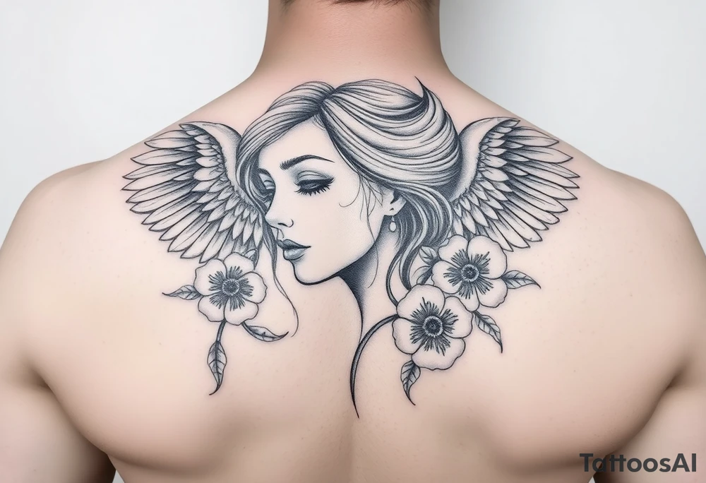 girl face with angel wings and flowers tattoo idea