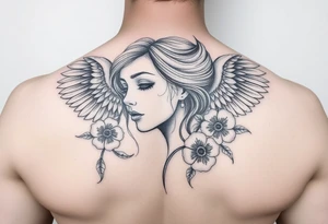 girl face with angel wings and flowers tattoo idea