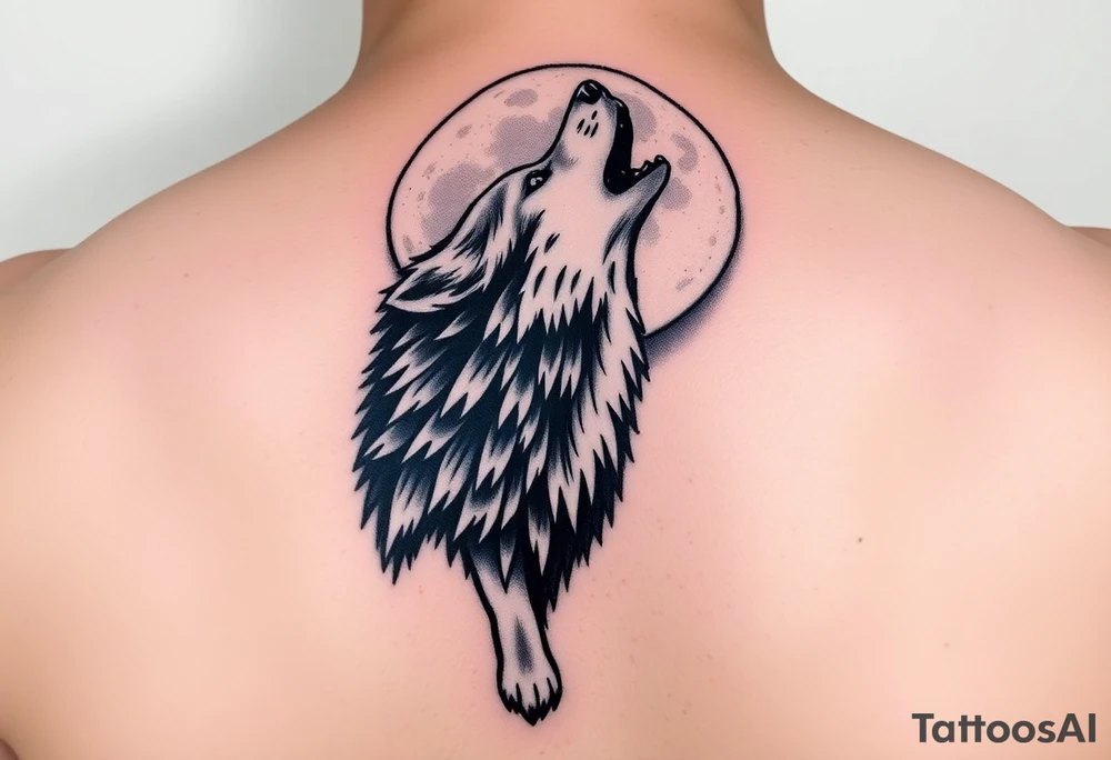 lone wolf howling at full moon with northern lights backdrop tattoo idea