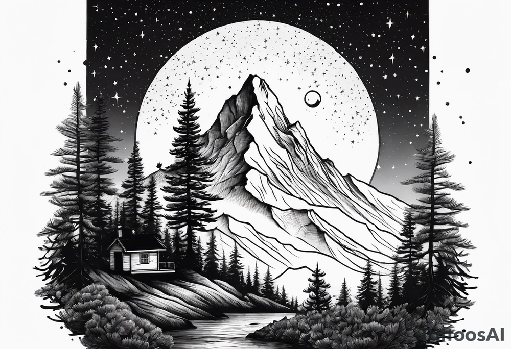 A mountain in the background, with a pine tree in front of the constellation of Aquarius tattoo idea