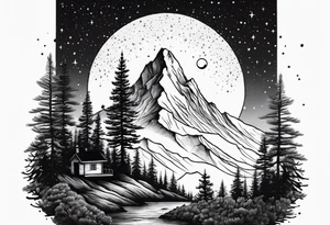 A mountain in the background, with a pine tree in front of the constellation of Aquarius tattoo idea