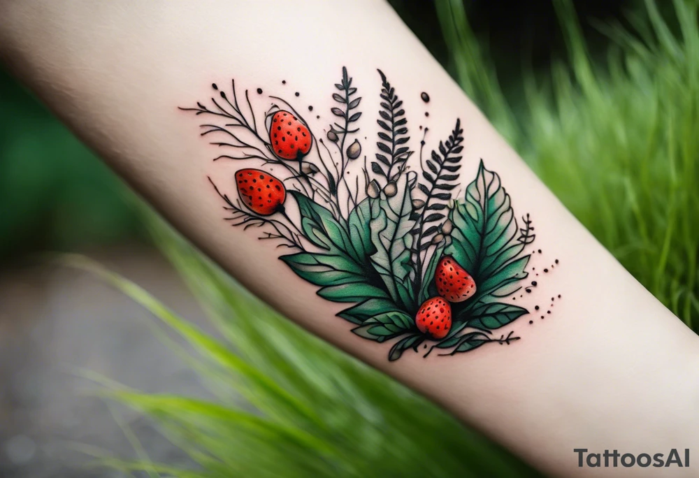 forest floor inspired minimalist tattoo, which includes grass, curly ferns and dead leaves as the bulk of the tattoo. details to include: three very tiny strawberries, a tiny bumblebee flying nearby, three small brown mushrooms
Generate a vertically long one tattoo idea
