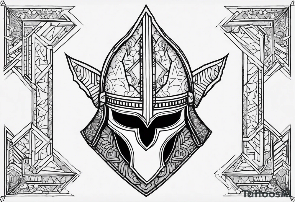 Create a Blackwork tattoo design featuring a warrior’s helmet with a bold, angular structure and a pointed crest. The helmet has two narrow, triangular eye slits. A prominent scar runs diagonally across the right eye slit, starting above the slit, cutting through its middle, and continuing below the lower edge. The scar should have slightly jagged edges with natural tapering, appearing as a healed cut on the metallic surface. The design should use thick, bold lines with no shading and focus on high contrast to create a clean and striking Blackwork tattoo tattoo idea