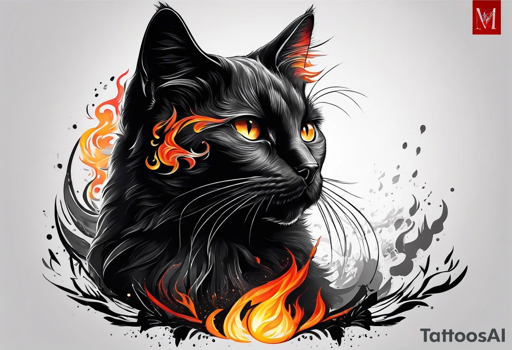 Black cat with burning color tattoo idea