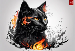 Black cat with burning color tattoo idea
