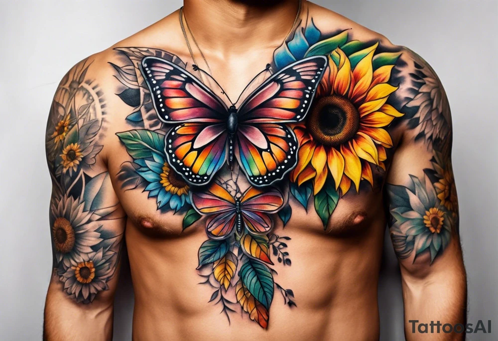 arm sleeve with dreamcatcher, rainbow sunflowers and one butterfly tattoo idea