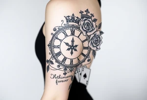 Roman clock with roses and a crown,  a quote that says nothings forever. and on the bottom a deck of cards tattoo idea