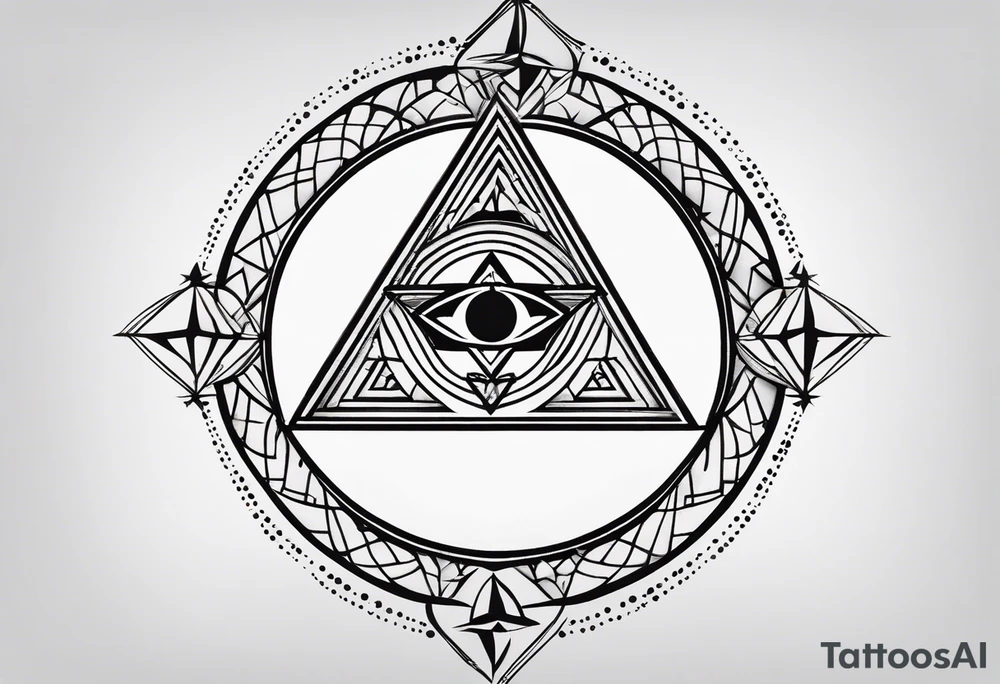 “Generate a minimalist tattoo design with three filled-in shapes arranged in a triangle formation. The top shape should be a geometric heart representing health, the bottom left a compass rose symbolizing purpose, and the bottom right three circles forming a triangle to signify family. The design should focus solely on the filled-in shapes without any additional ornaments, emphasizing simplicity and clean lines.” tattoo idea