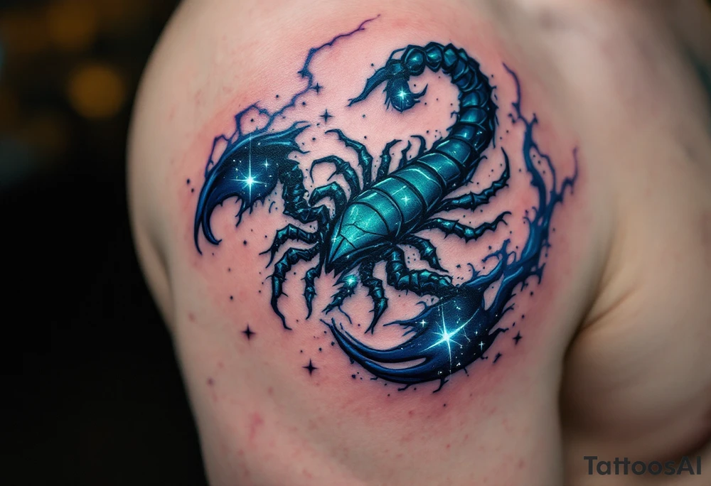 Midnight blue surrounds the sharp emerald curve of the Scorpius star constellation, like venom ready to sting. tattoo idea