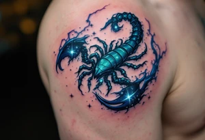 Midnight blue surrounds the sharp emerald curve of the Scorpius star constellation, like venom ready to sting. tattoo idea