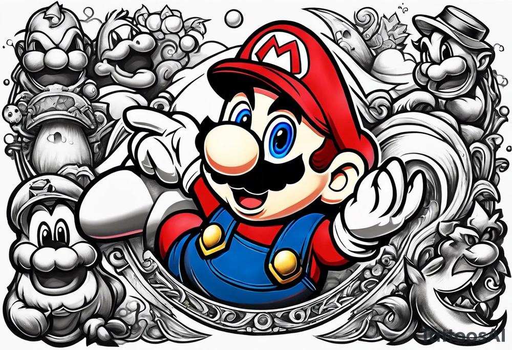 Mario brothers with ghosts and goombas with canons tattoo idea