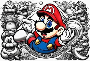 Mario brothers with ghosts and goombas with canons tattoo idea