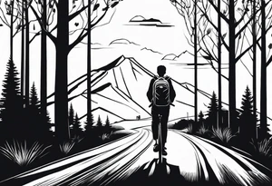 A man with a backpack walking down a road lined with trees, holding a bicycle towards a mountain tattoo idea