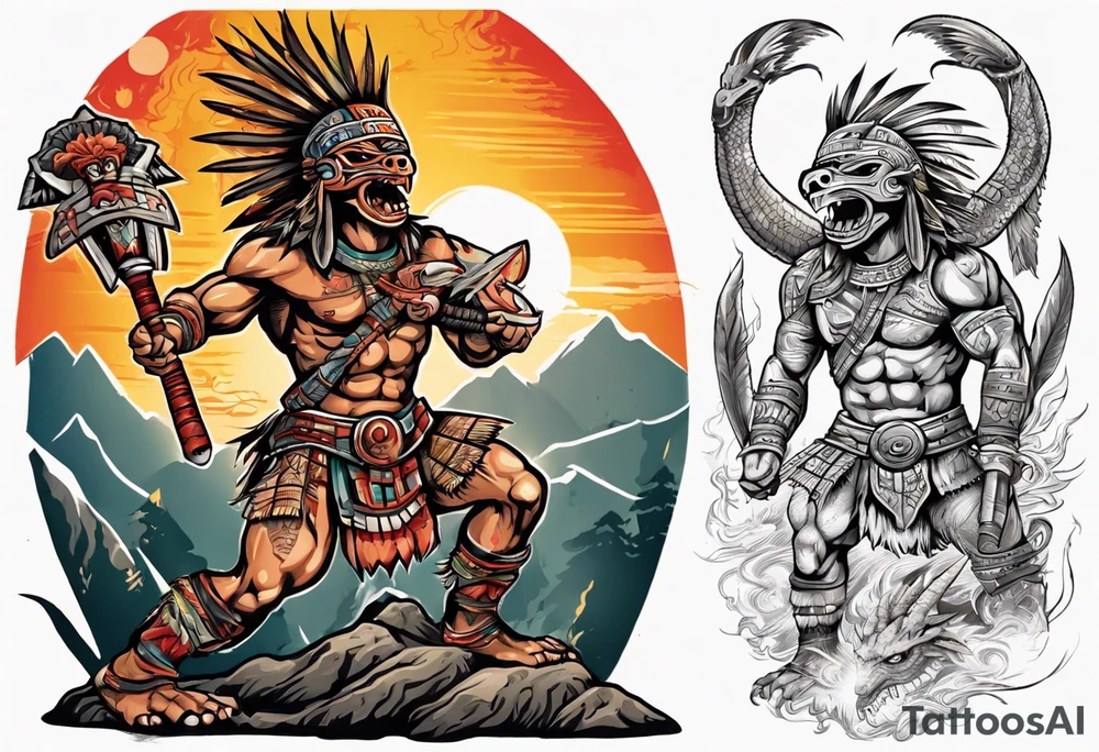 aztec warrior with a Macuahuitl fighting against a dragon in the mountains as the sun is rising tattoo idea