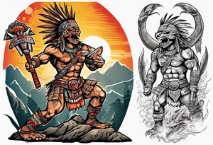 aztec warrior with a Macuahuitl fighting against a dragon in the mountains as the sun is rising tattoo idea